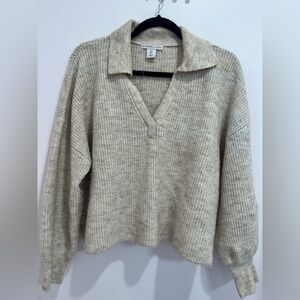 Sincerely Jules Beige Ribbed V-Neck Collared Sweater, Size Large